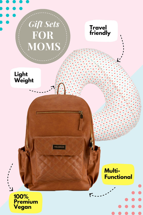 Gift Sets For Moms - Vivid Tan Diaper Bag & Feeding Pillow (Set of 2) MOMZJOY.COM