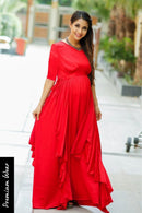 Luxe Candy Red Maternity Flow Dress With Sleeves momzjoy.com