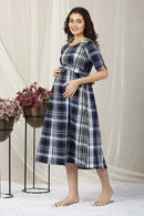 Classy Blue Plaid Maternity & Nursing Dress MOMZJOY.COM