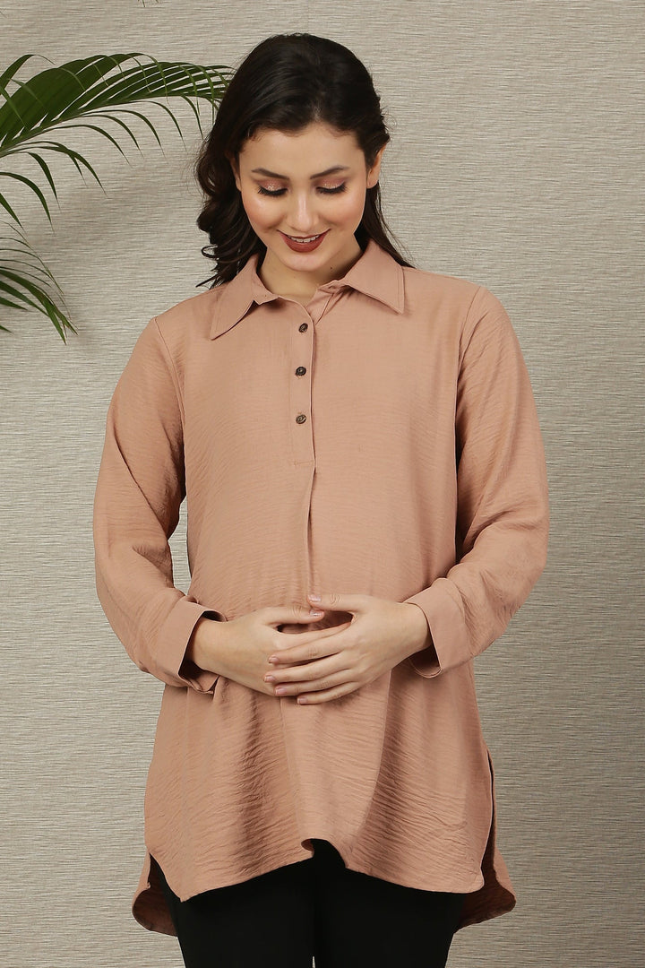 Pleasing Sand Maternity & Nursing Shirt momzjoy.com