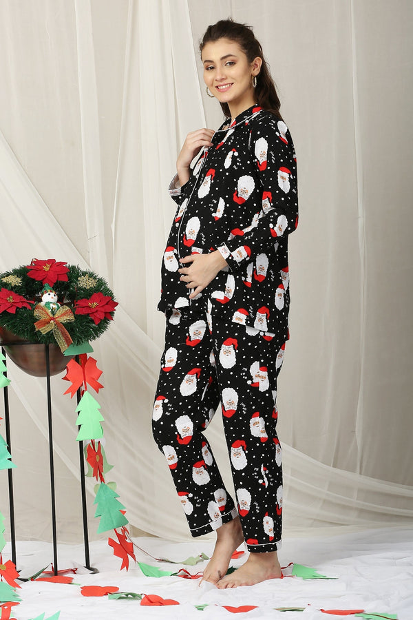 Christmas Eve Rich Black Maternity & Nursing Night Suit Set (Set Of 2) momzjoy.com