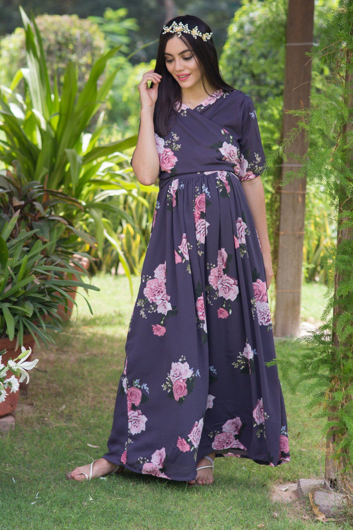 Deep Lilac Blossom Maternity & Nursing Wrap Dress - MOMZJOY.COM