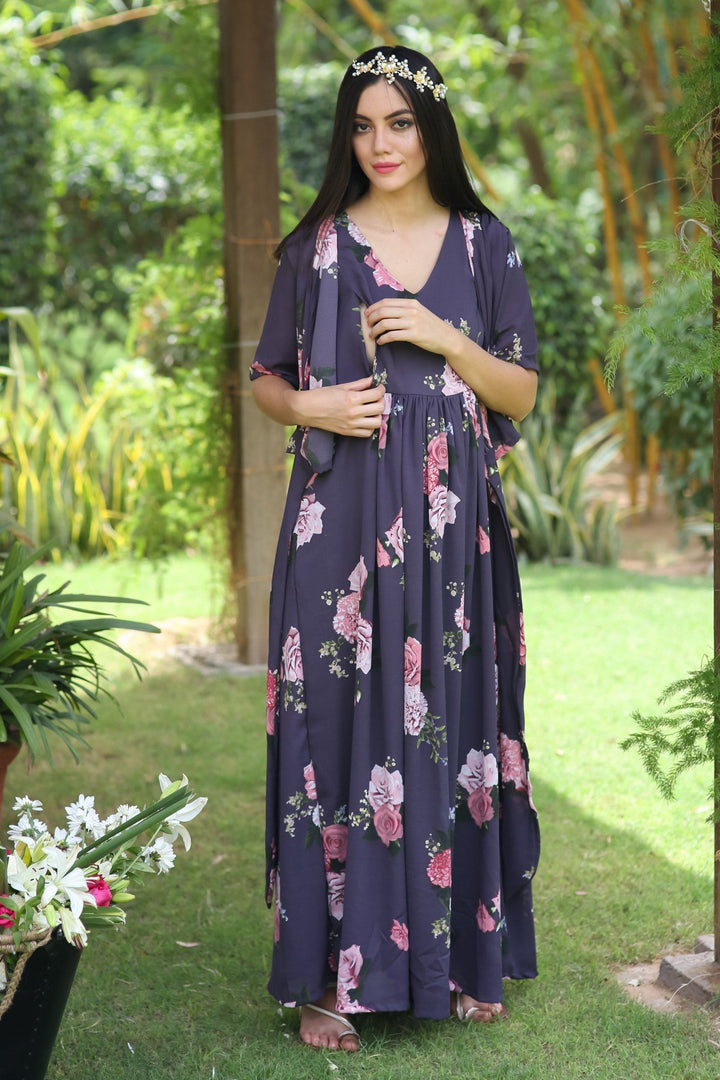 Deep Lilac Blossom Maternity & Nursing Wrap Dress - MOMZJOY.COM