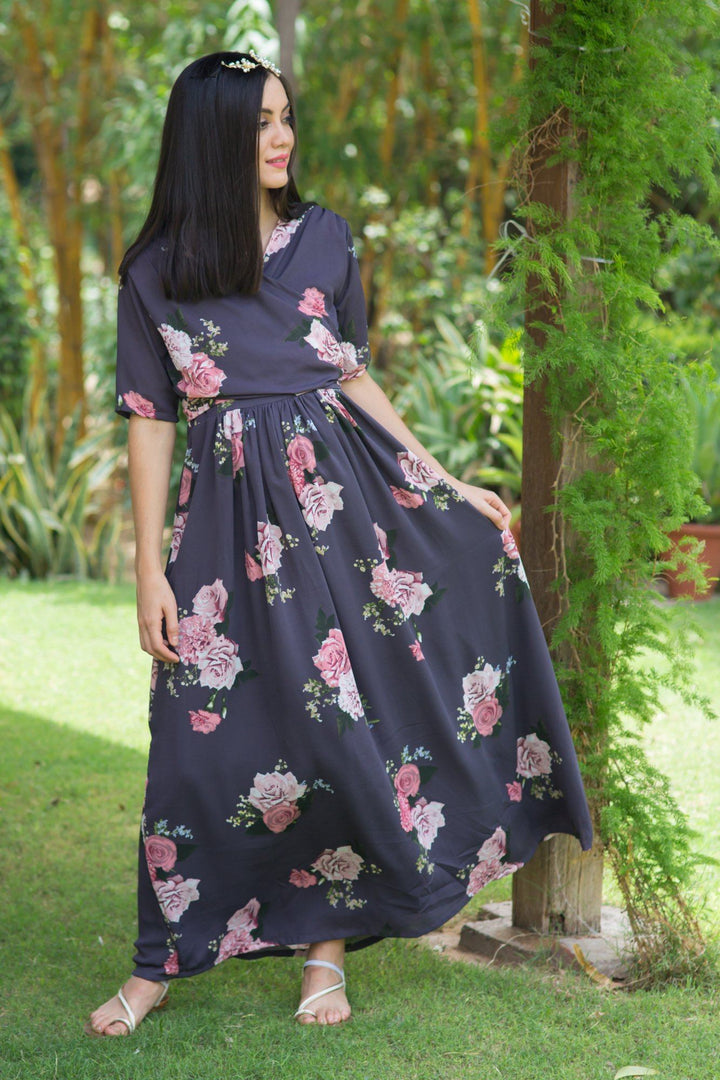 Deep Lilac Blossom Maternity & Nursing Wrap Dress - MOMZJOY.COM