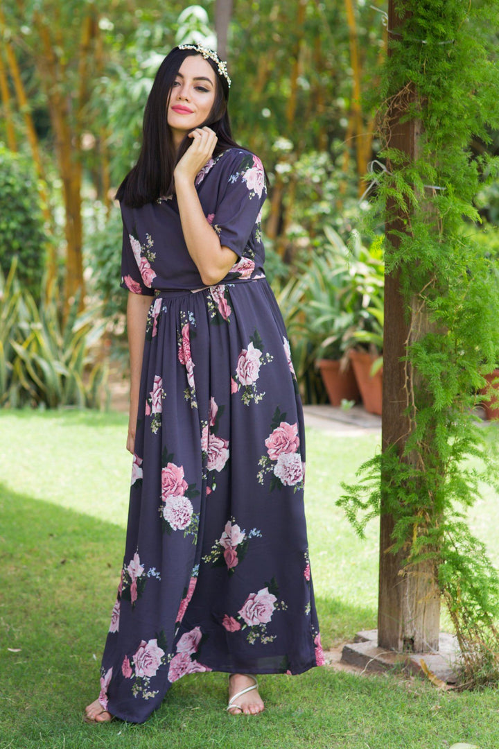 Deep Lilac Blossom Maternity & Nursing Wrap Dress - MOMZJOY.COM