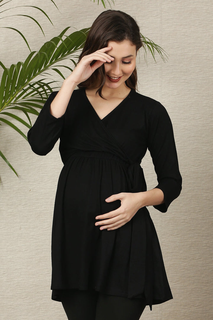 Maternity & Nursing Gathered Tops - Black & Pink Twin Pack MOMZJOY.COM