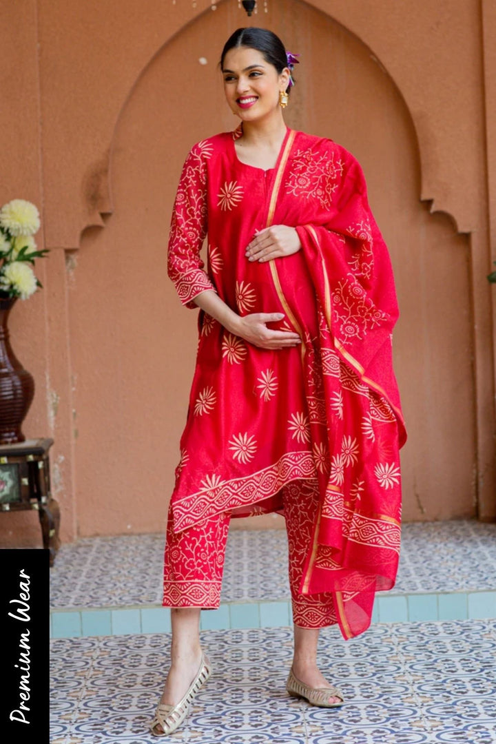 Premium Cherry Red Chanderi Maternity Kurta + Bump Band Bottom + Dupatta (3 pc) momzjoy.com