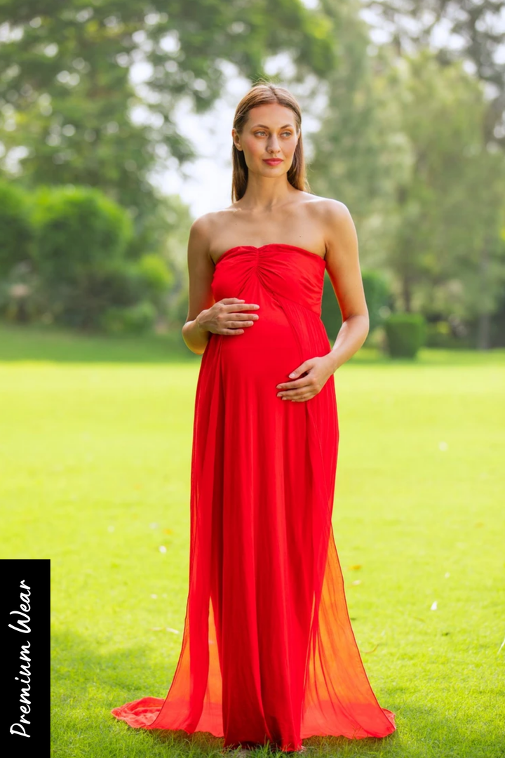 Luxe Cherry Red Off-Shoulder Trail Maternity Photoshoot Gown MOMZJOY.COM