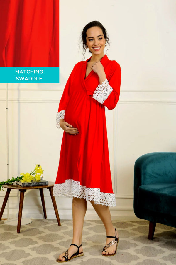 Cherry Red Lycra Maternity & Nursing Wrap Nightwear Dress + Matching Baby Swaddle Set Of 2 momzjoy.com