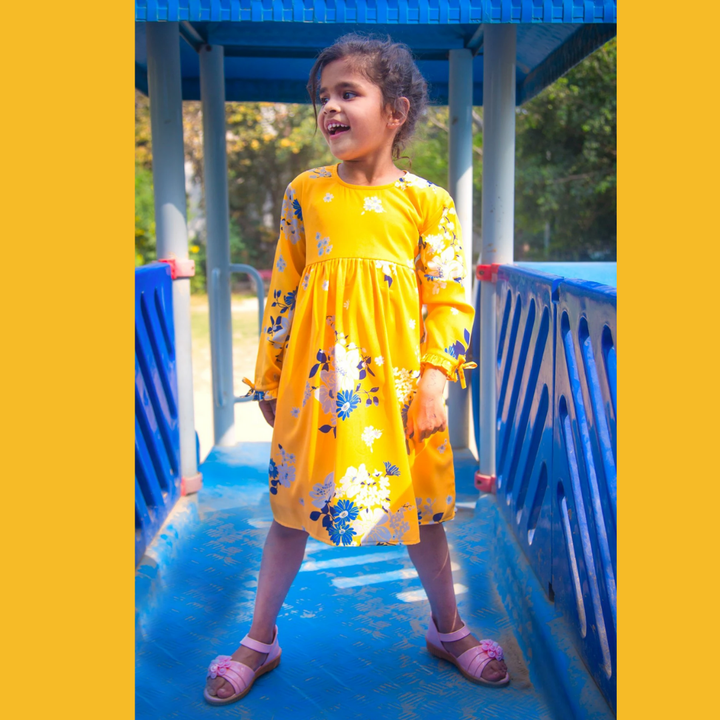 Hello Yellow Back Tie Crepe Dress (1 yr to 8 years) MOMZJOY.COM