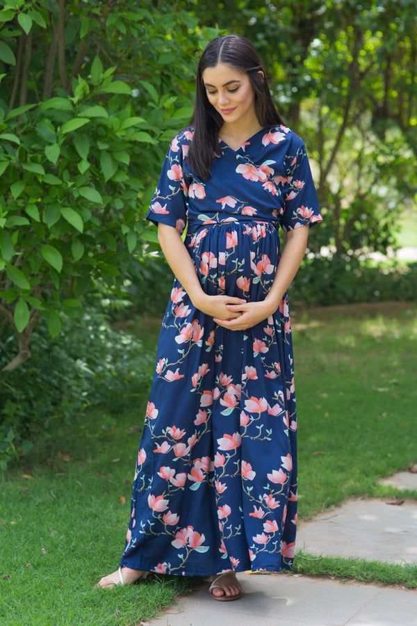 Serene Navy Blossom Maternity & Nursing Wrap Dress momzjoy.com