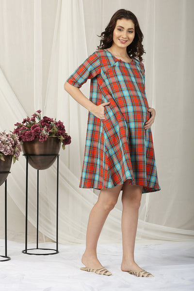 Tangerine Plaid Snap Shoulder Maternity & Nursing Night Dress / Delivery Gown/ Lounge Dress MOMZJOY.COM