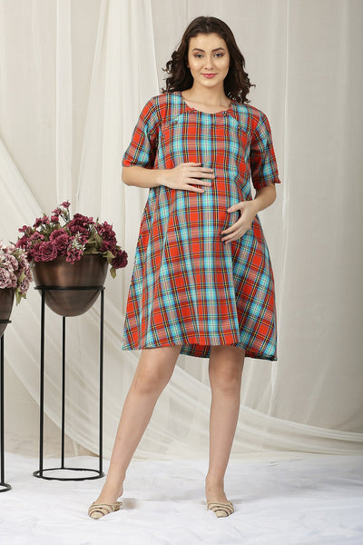 Tangerine Plaid Snap Shoulder Maternity & Nursing Night Dress / Delivery Gown/ Lounge Dress MOMZJOY.COM