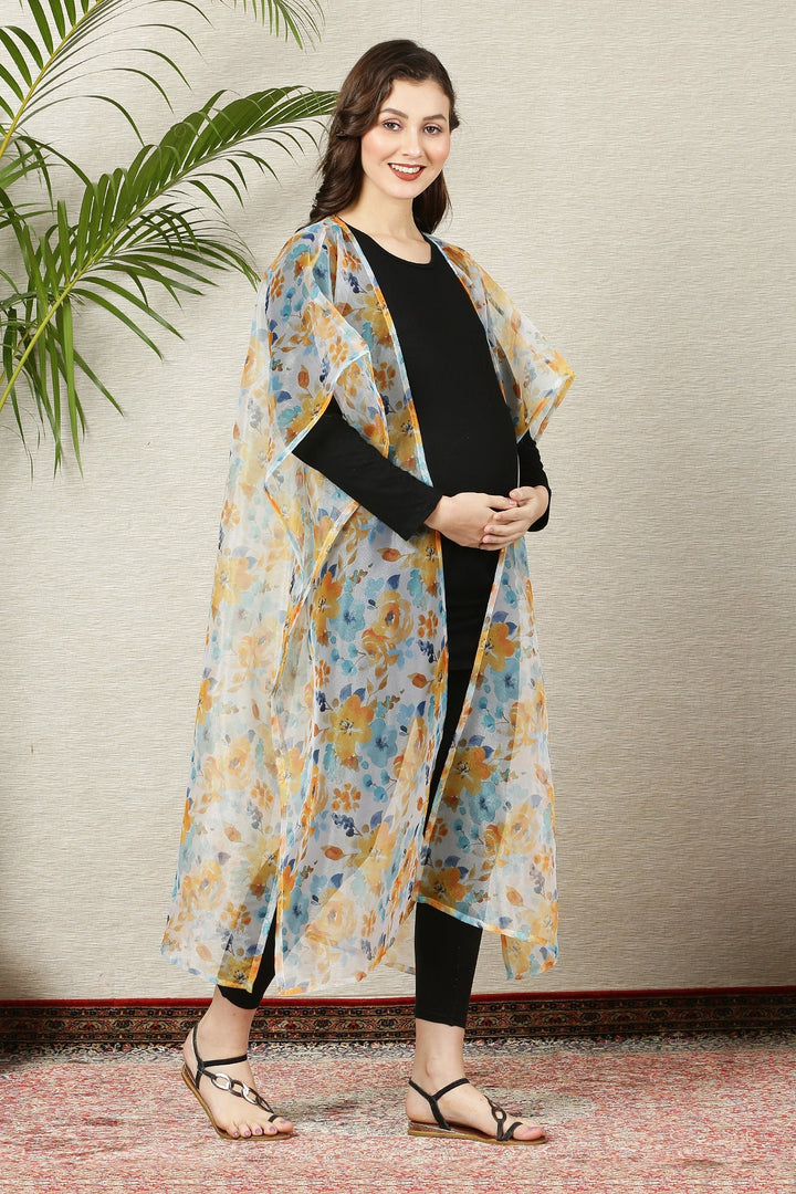 Alluring White Orangish Floral Organza Maternity Cover Up momzjoy.com