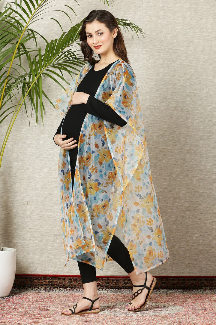 Alluring White Orangish Floral Organza Maternity Cover Up momzjoy.com