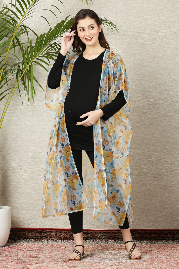 Alluring White Orangish Floral Organza Maternity Cover Up momzjoy.com