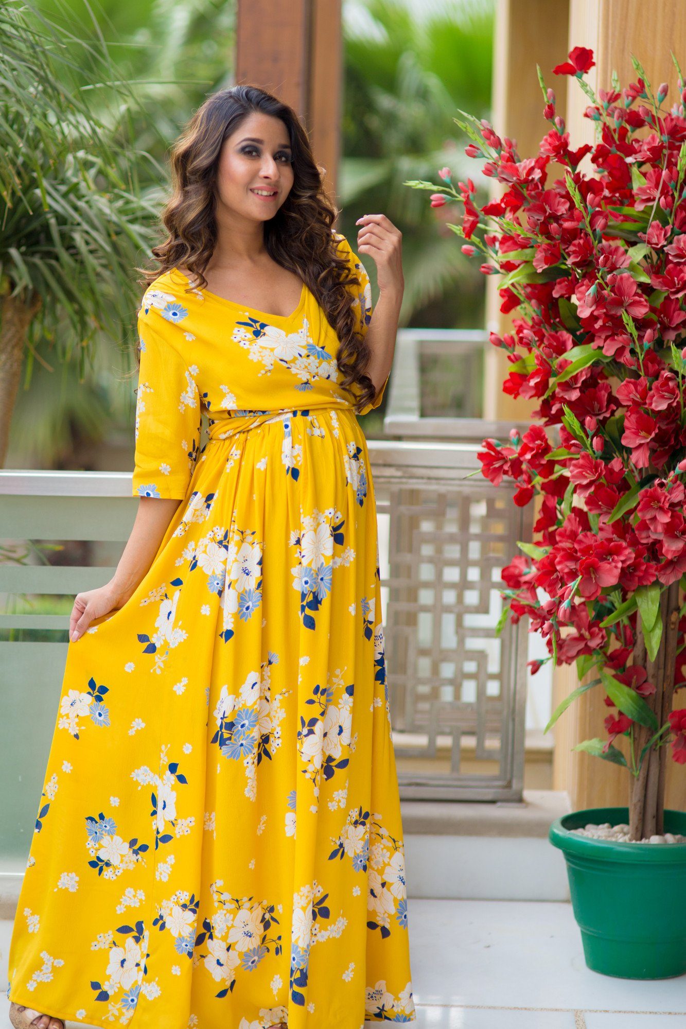 Floral Ruffle Bell Sleeve Maternity Maxi Dress - Cotton