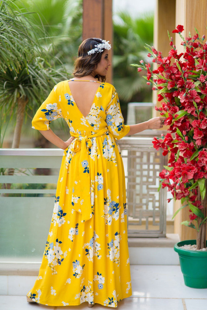 Hello Yellow Floral Maternity & Nursing Cotton Viscose Wrap Dress momzjoy.com