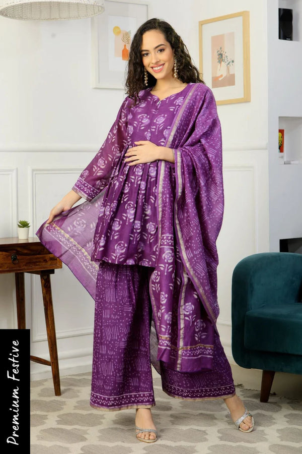 Luxe Lavender Chanderi Peplum Maternity & Nursing Kurta + Bump Band Bottom + Dupatta (3 Pc) momzjoy.com