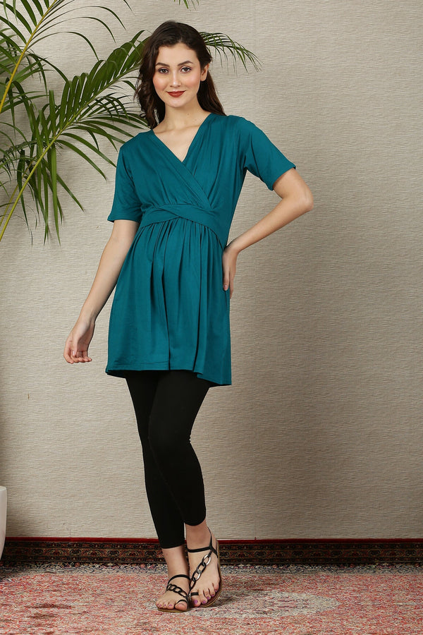 Tiffany Blue Gathered Maternity & Nursing Wrap Top momzjoy.com