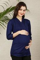Deep Blue Gathered Maternity & Nursing Wrap Top momzjoy.com