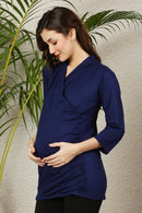 Deep Blue Gathered Maternity & Nursing Wrap Top momzjoy.com