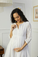 Elegant Milky White Maternity & Nursing Peplum Kurta + Bump Band Bottom (2 Pc) (100% Cotton) momzjoy.com