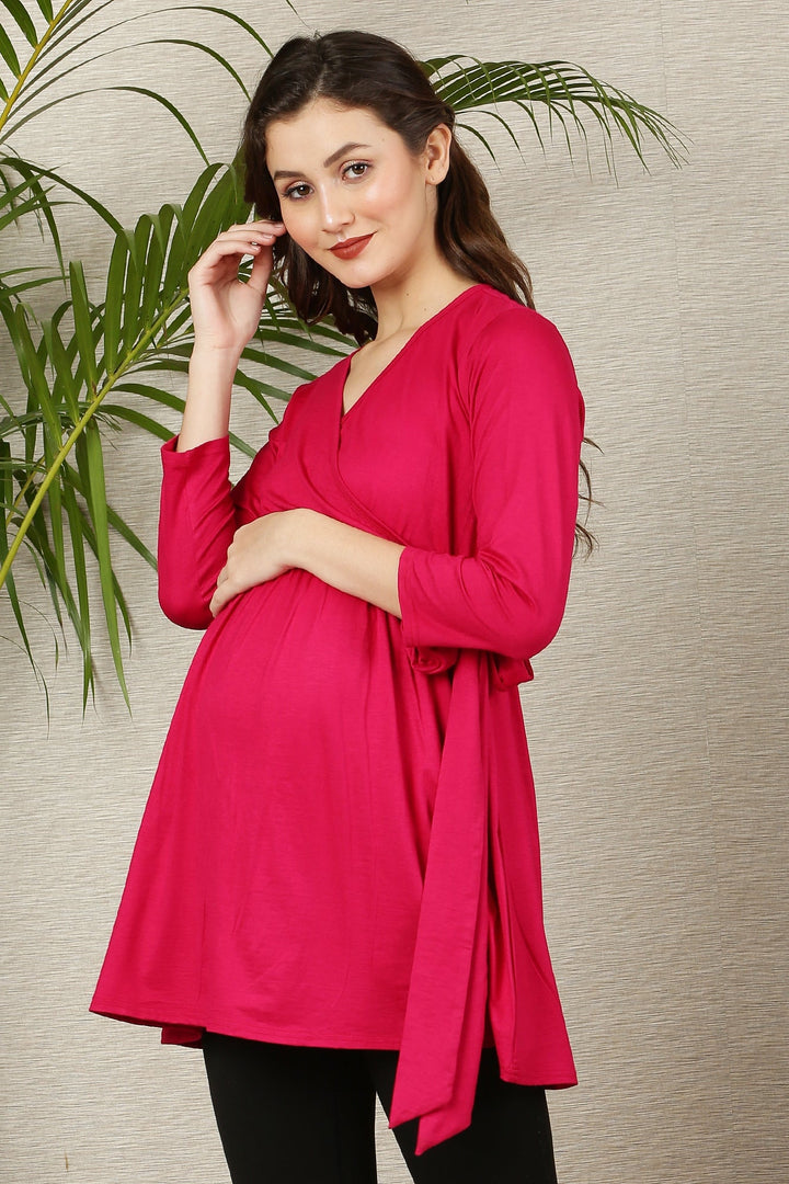 Fuchsia Pink Maternity & Nursing Wrap Top momzjoy.com