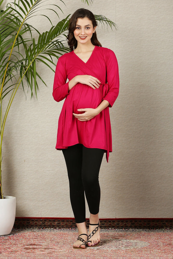 Maternity & Nursing Gathered Tops - Black & Pink Twin Pack MOMZJOY.COM