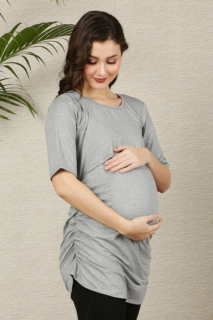 Grey Ruched Maternity & Nursing Top momzjoy.com