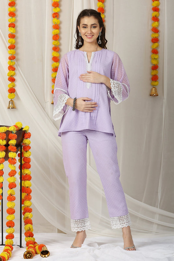 Premium Royal Lavender Maternity Pintucks Kurta + Bump Band Bottom (2 Pc) momzjoy.com