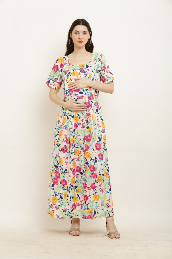 Colorful Flower Bouquet Maternity & Nursing Maxi Dress momzjoy.com