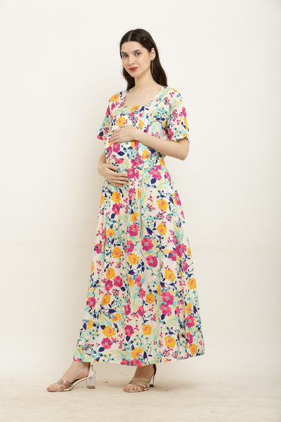 Colorful Flower Bouquet Maternity & Nursing Maxi Dress momzjoy.com