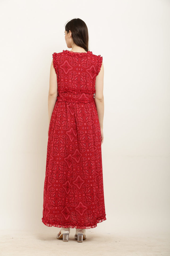 Poppy Red Ethnic Print Maternity Chiffon Dress MOMZJOY.COM