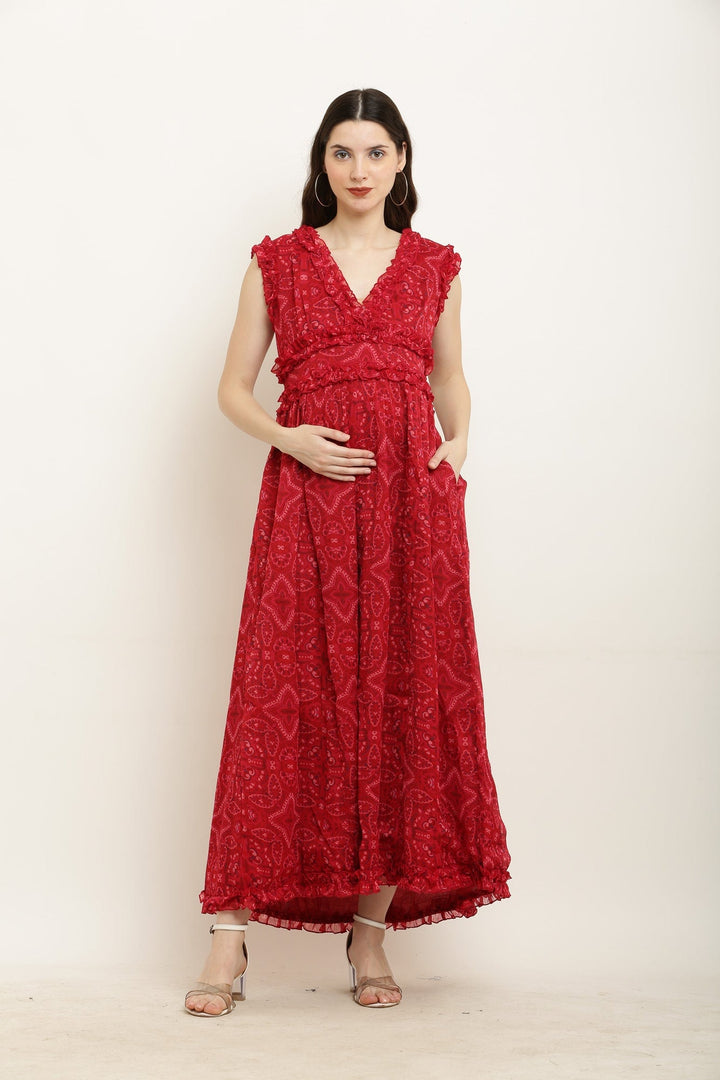 Poppy Red Ethnic Print Maternity Chiffon Dress MOMZJOY.COM