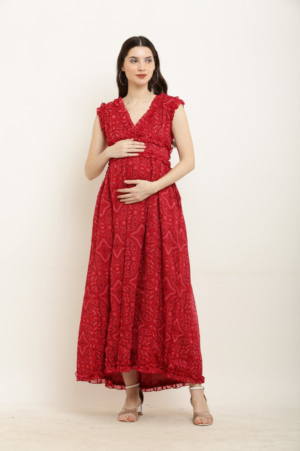 Poppy Red Ethnic Print Maternity Chiffon Dress MOMZJOY.COM