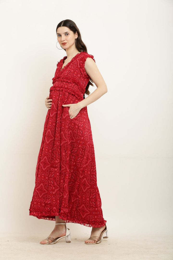 Poppy Red Ethnic Print Maternity Chiffon Dress MOMZJOY.COM