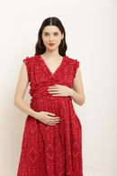 Poppy Red Ethnic Print Maternity Chiffon Dress MOMZJOY.COM