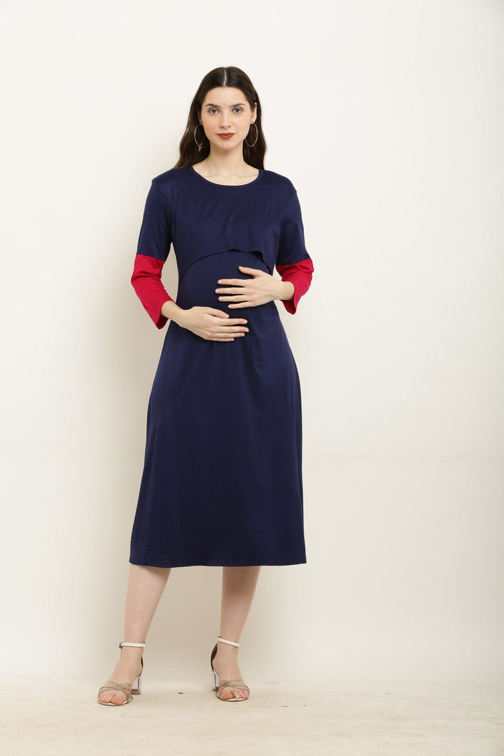 Midnight Blue Comfy Lift Up Nursing Night Dress MOMZJOY.COM