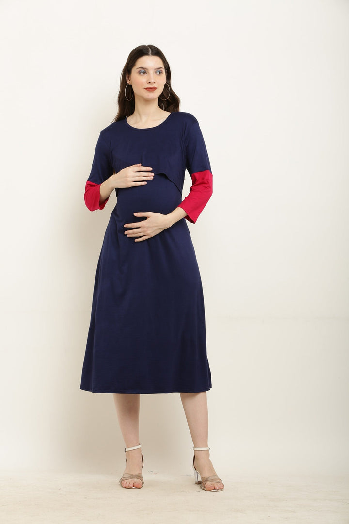 Midnight Blue Comfy Lift Up Nursing Night Dress MOMZJOY.COM