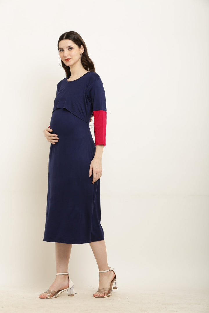 Midnight Blue Comfy Lift Up Nursing Night Dress MOMZJOY.COM