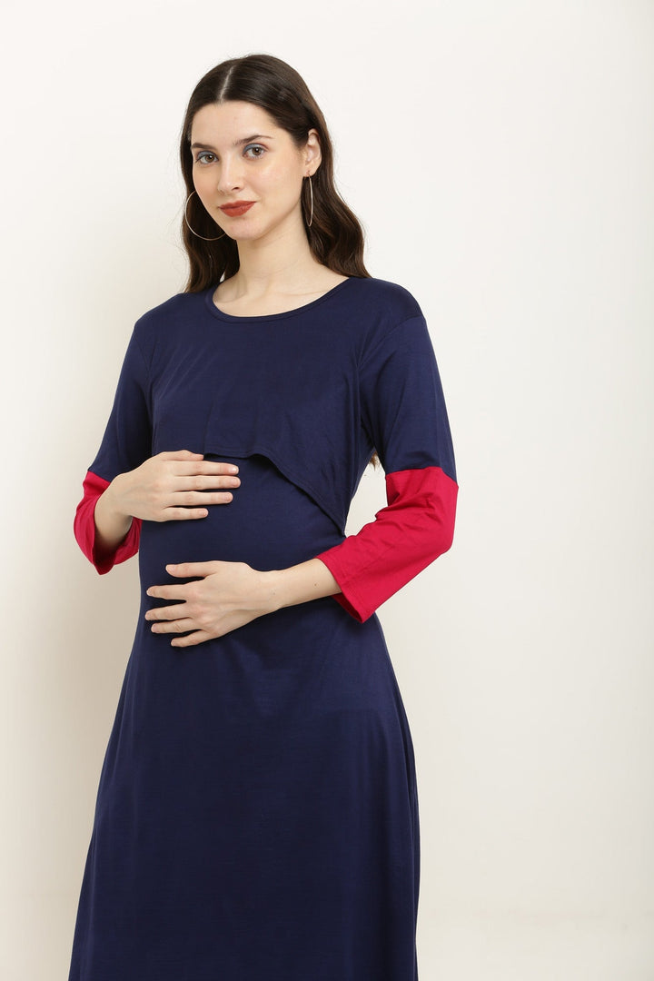 Midnight Blue Comfy Lift Up Nursing Night Dress MOMZJOY.COM