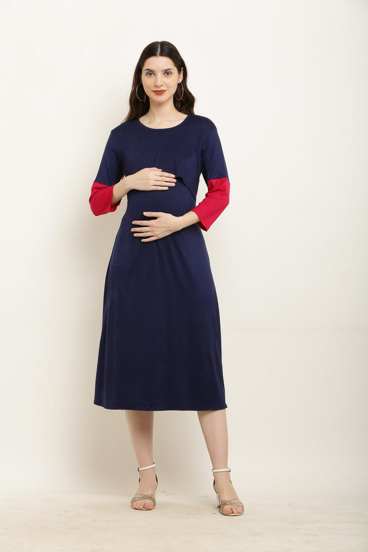 Midnight Blue Comfy Lift Up Nursing Night Dress MOMZJOY.COM