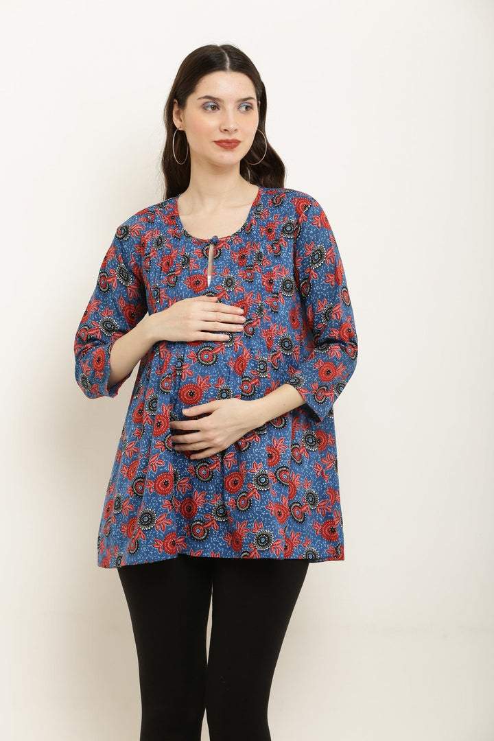 Dreamy Blue Bloom Maternity & Nursing Pintucks Top (100% Cotton) MOMZJOY.COM