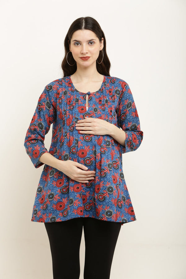 Dreamy Blue Bloom Maternity & Nursing Pintucks Top (100% Cotton) MOMZJOY.COM