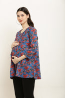 Dreamy Blue Bloom Maternity & Nursing Pintucks Top (100% Cotton) MOMZJOY.COM