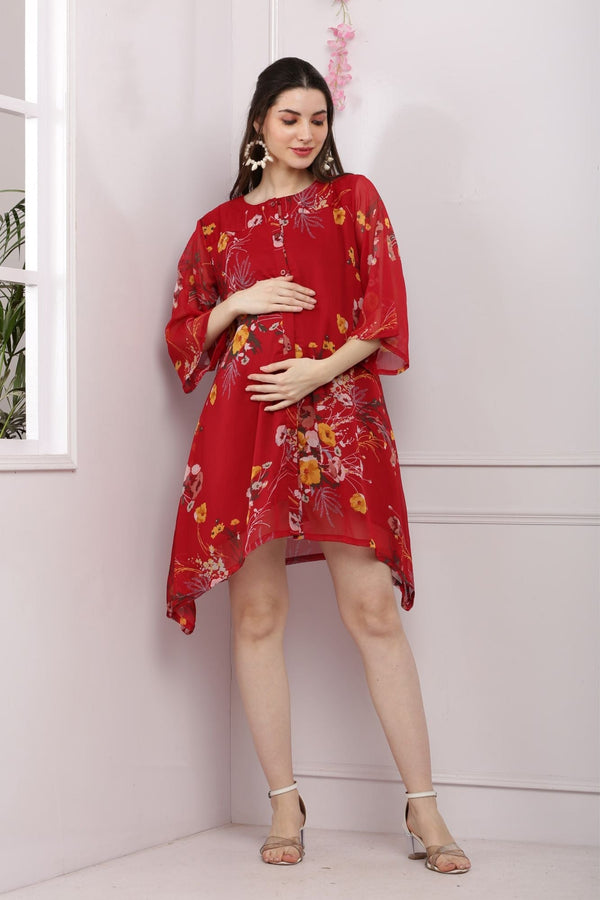 Stunning Cherry Red Blossom Maternity & Nursing Shirt Dress momzjoy.com