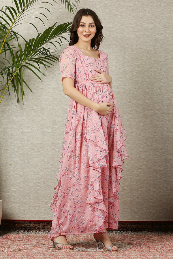 Soothing Peach Blossom Maternity & Nursing Flow Dress momzjoy.com