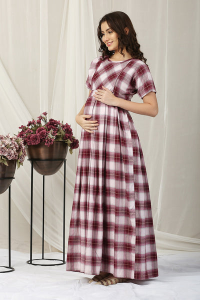 Classic Tartan Checks Berry Red Maternity & Nursing Dress MOMZJOY.COM