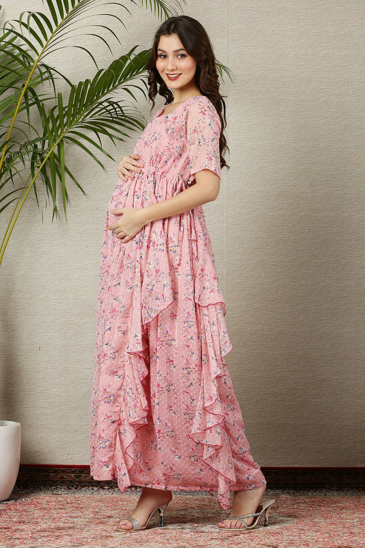 Soothing Peach Blossom Maternity & Nursing Flow Dress momzjoy.com